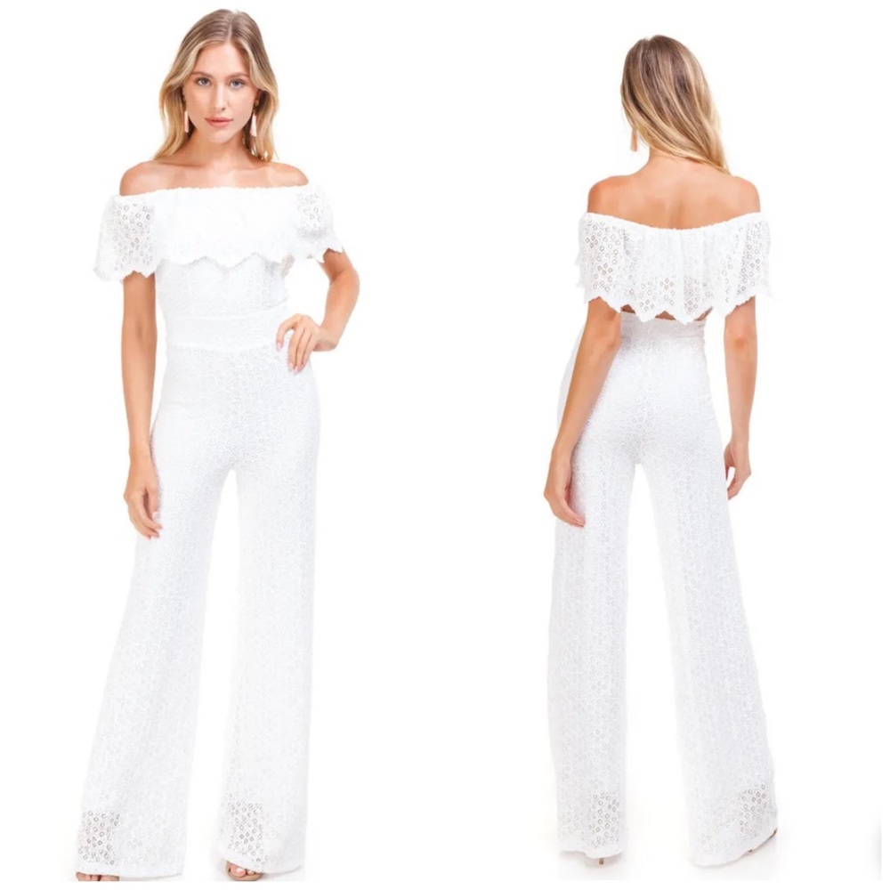 NIGHTCAP Free People *Diamond Lace Positano* white off shoulder jumpsuit XS - Picture 1 of 8